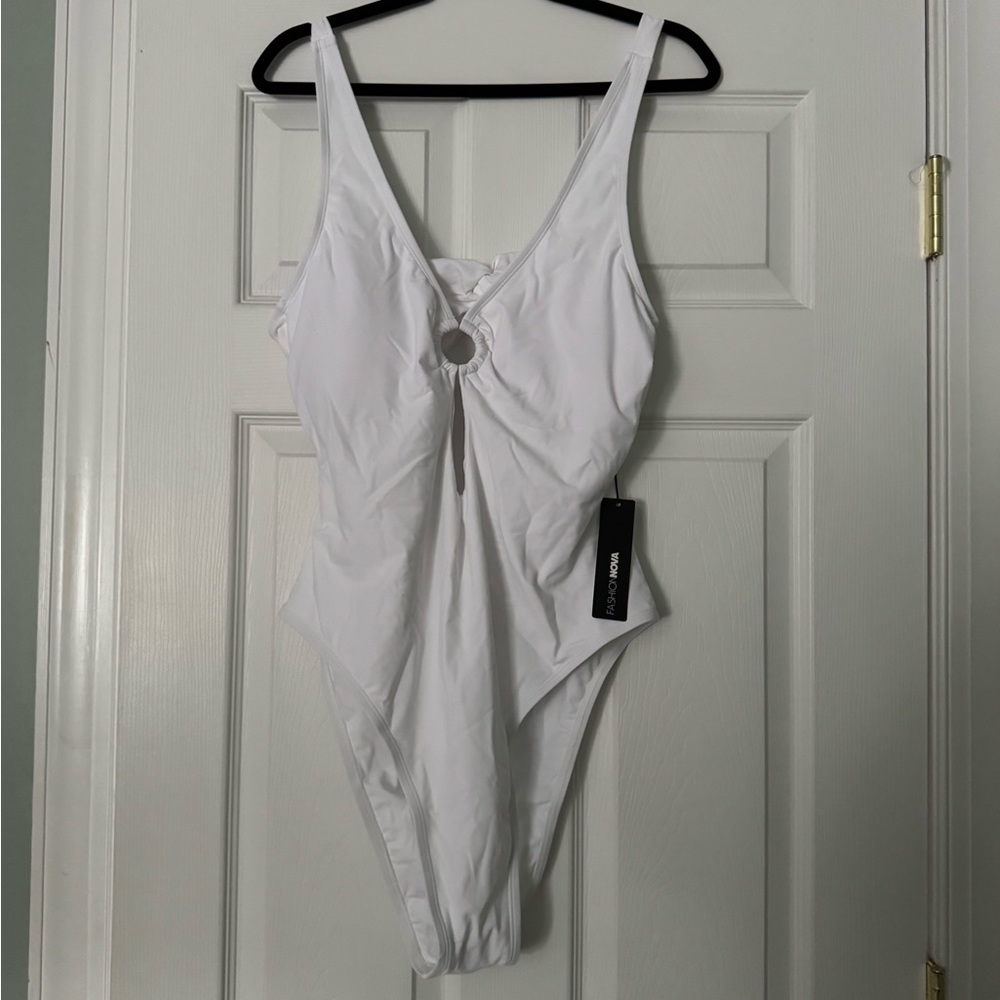 Fashion Nova White One-Piece Swimsuit with Front Ring